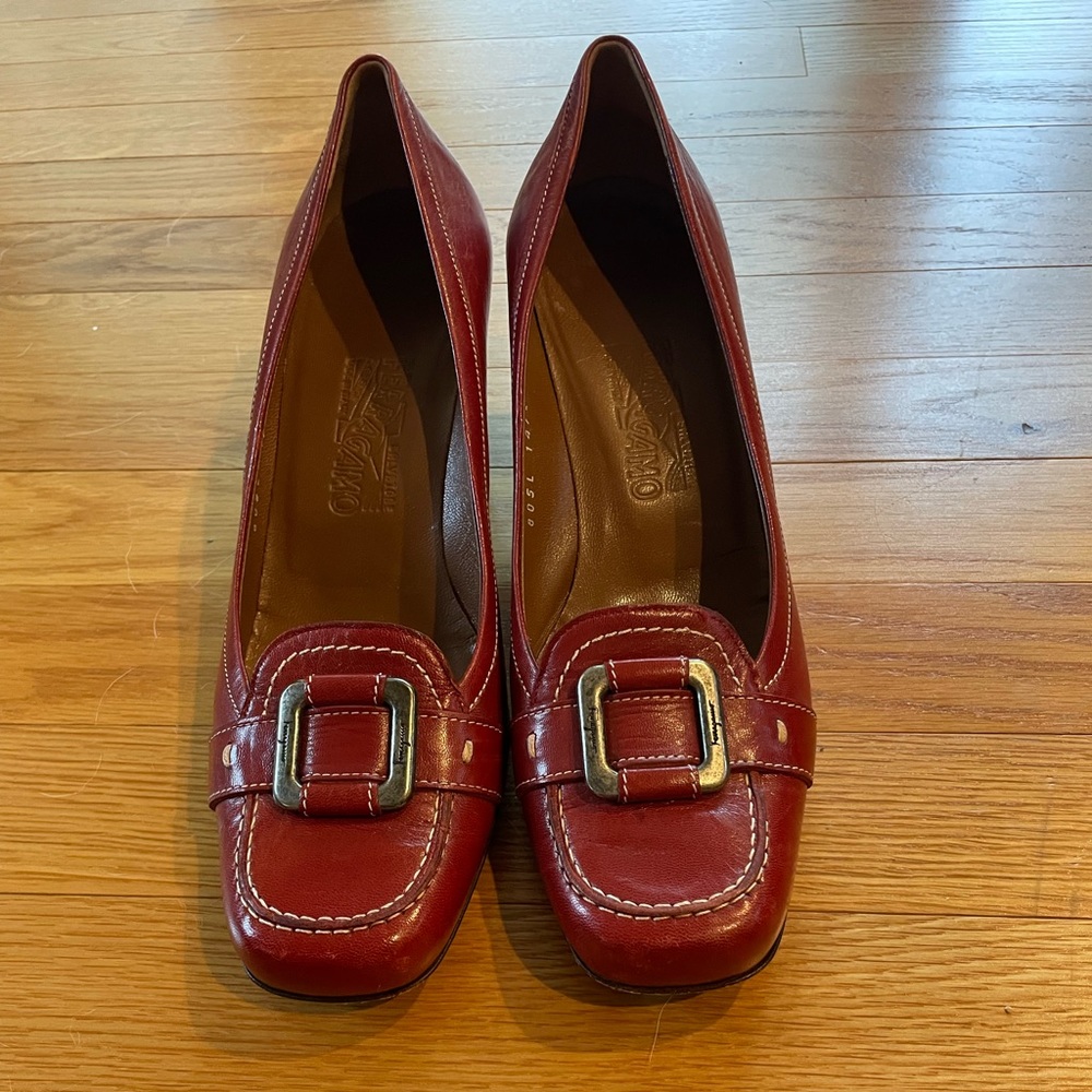 Salvatore Ferragamo red leather pumps